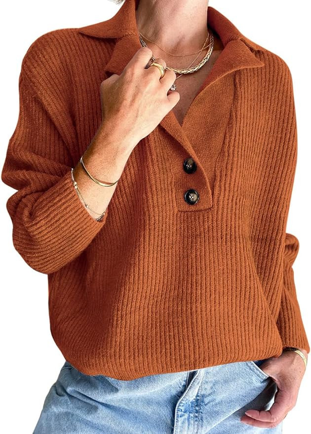 LILLUSORY Women's Snap-Buttons Foldover Collar Henley Knitted Pullover Sweater Tops | Amazon (US)