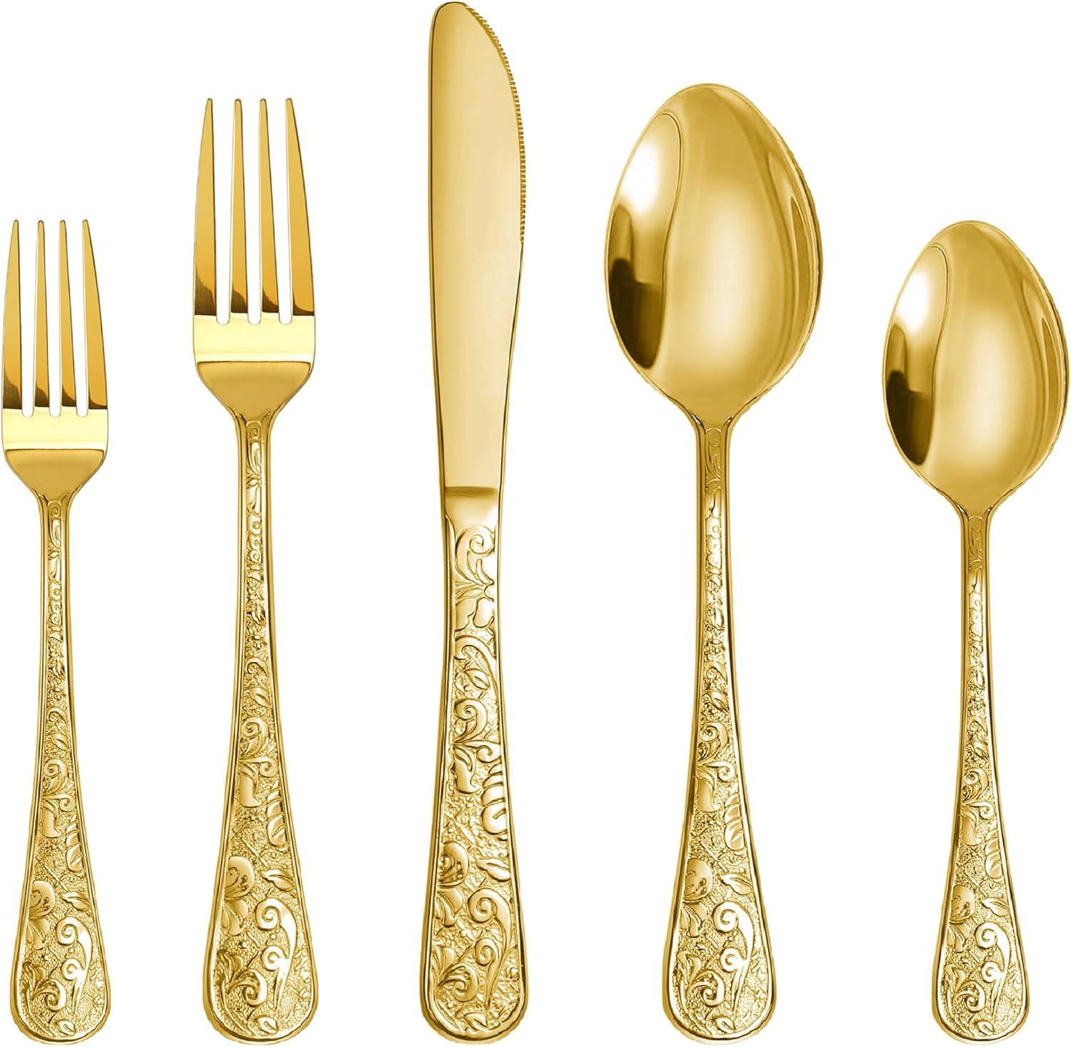 Runfly Vintage Carved Gold Stainless Steel 20 Pieces Flatware Set, Golden Silverware Set, Modern ... | Amazon (US)