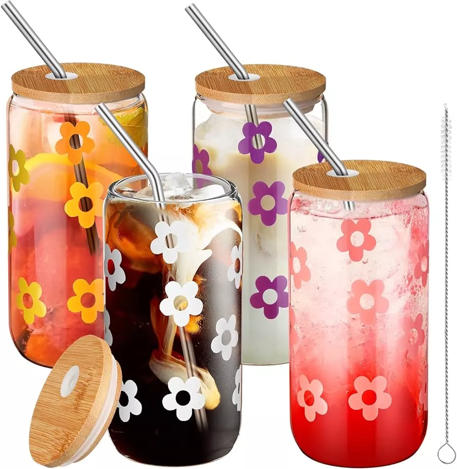 Cute Rainbow Glass Cup, Aesthetic Coffee Glass, Glass Can Rainbow Daisy,  Iced Coffee Cup Cute Cups With Lid and Straw Trendy Cup, Cute Glass 