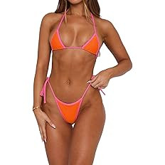 Sexy Thong Bikini Set for Women Triangle Two Piece Swimsuit Color Block Swimwear Bathing Suit | Amazon (US)