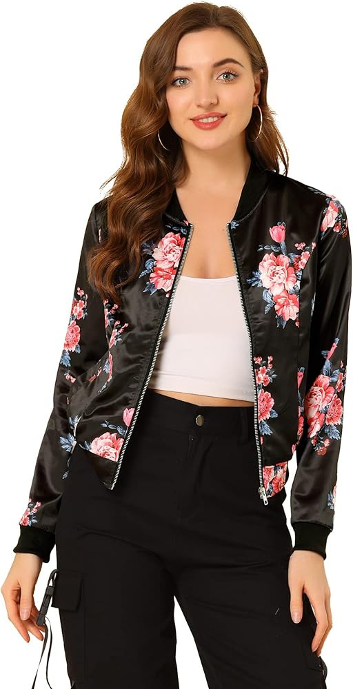 Allegra K Women's Stand Collar Zip Up Floral Prints Bomber Jacket | Amazon (CA)
