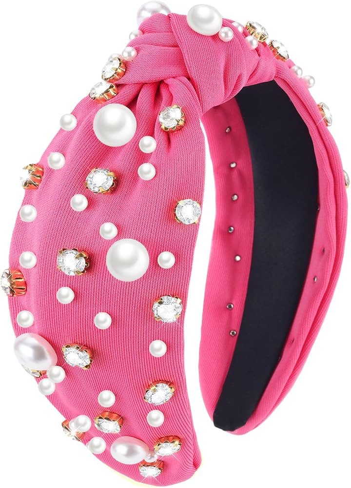 Knotted Headband Pearl Rhinestone Headband for Women Beaded Wide Top Knot Headbands Crystal Jewel... | Amazon (US)