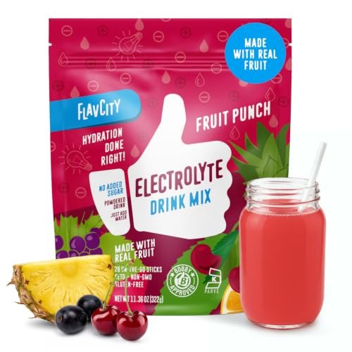 FlavCity Fruit Punch Electrolytes Powder Packets - 28 Hydration Packets - No Added Sugar - Hydration Powder with Real Fruit & Unrefined Sea Salt - Keto & Gluten-Free (28 Stick Packs) | Amazon (US)