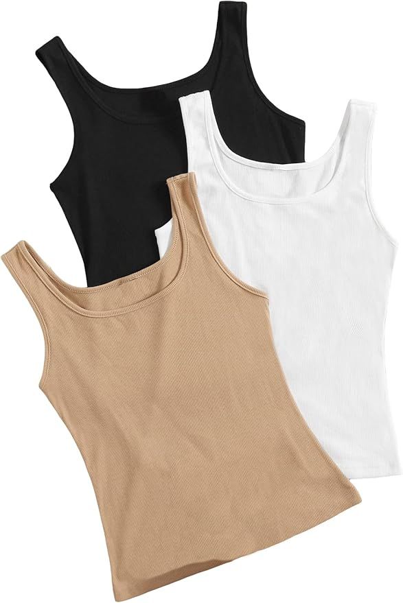 Floerns Women's 3 Piece Solid Sleeveless Scoop Neck Rib Fitted Tank Top | Amazon (US)