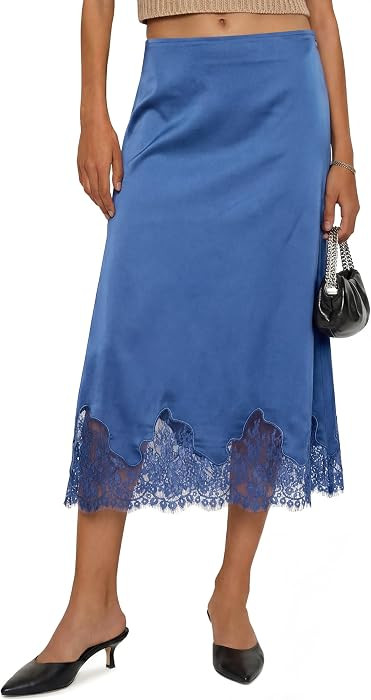 Cicy Bell Womens Silk Satin Midi Skirts Casual Dressy Lace Hem High Waisted A-Line Skirt Elegant ... | Amazon (US)