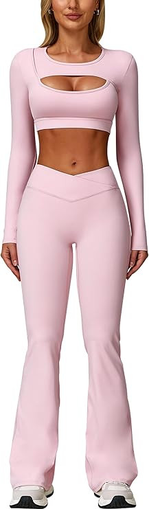 2 Piece Workout Sets for Women Seamless High Waist Flare Leggings Yoga Long Sleeve Cutout Crop To... | Amazon (US)