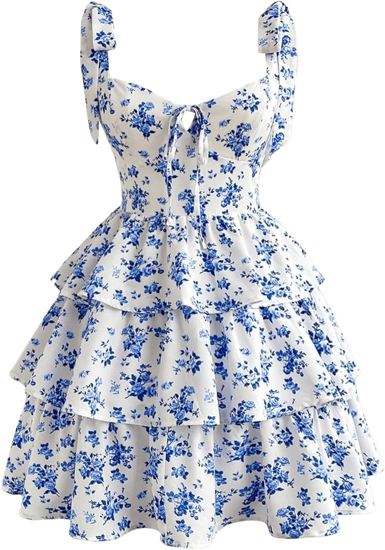 Women's Floral Bowknot High Waist Ruffle Tiered Flowy Sleeveless Mini Dress | Amazon (US)