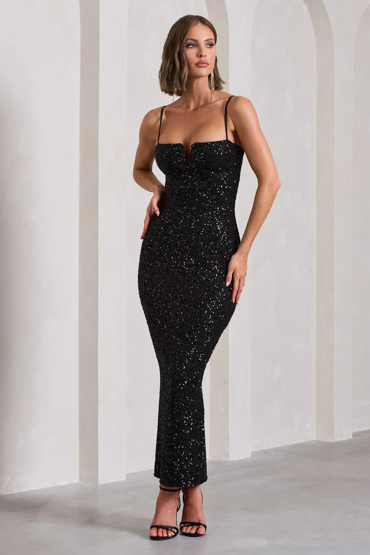 Dazzle Me | Black Sequin Strappy Bodycon Maxi Dress | Club L London