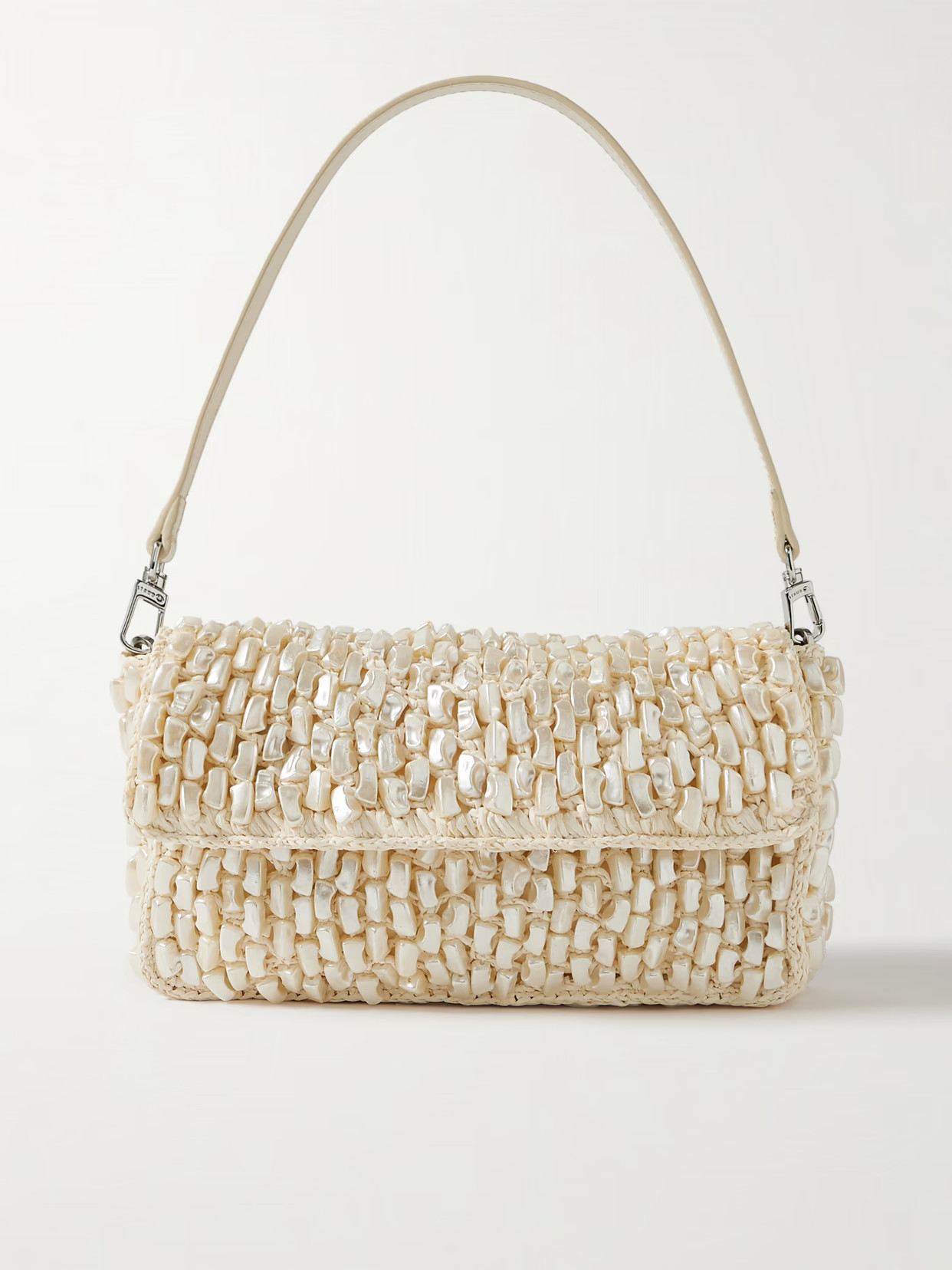 STAUD - Timmy Leather-trimmed Faux Pearl-embellished Raffia Shoulder Bag - Cream | NET-A-PORTER (US)