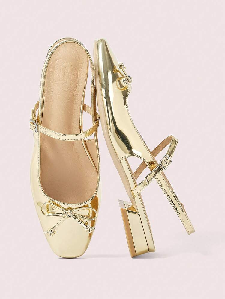 CUCCOO DOLLMOD Fashion Gold Bow Decor Mary Jane Flats, Square Toe Slingback Casual Shoes For Commuting, Dates, Parties, Shopping, School, Cute & Sweet For Christmas | SHEIN