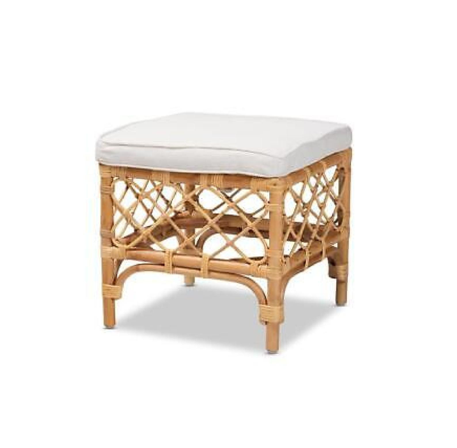 ZJINJIN Bohemian White Fabric Upholstered and Natural Brown Rattan Ottoman | Walmart (US)