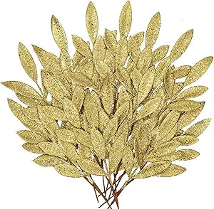 DILATATA 20 Pcs Christmas Glitter Bay Leaves 11" Gold Artificial Glitter Leaf Spray Christmas Tre... | Amazon (US)