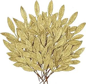 DILATATA 20 Pcs Christmas Glitter Bay Leaves 11" Gold Artificial Glitter Leaf Spray Christmas Tre... | Amazon (US)