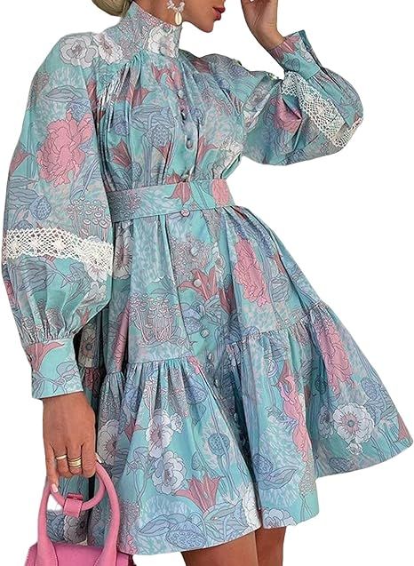 xxxiticat Women's Floral Print Ruffle Dress Long Lantern Sleeve High Neck Button Down Flared Lace... | Amazon (US)