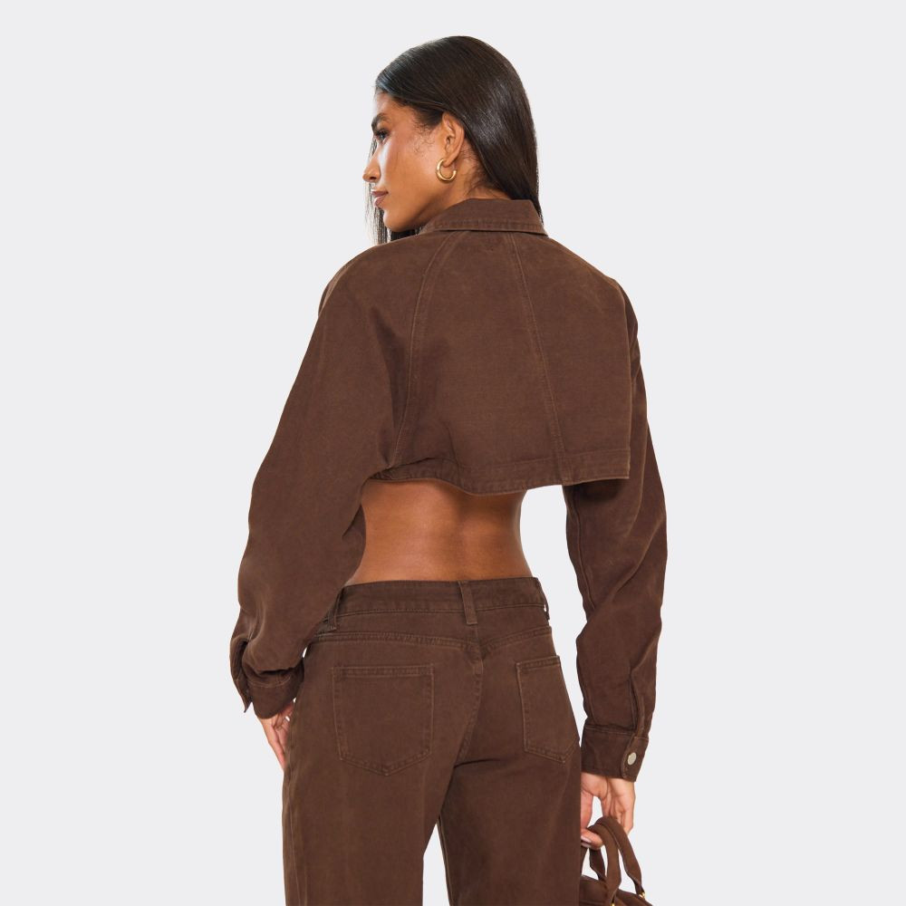 Long Sleeve Extreme Cropped Jacket In Chocolate Brown Denim | EGO (UK)