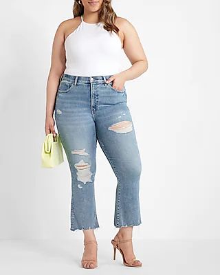 Conscious Edit High Waisted Light Wash Ripped Cropped Flare Jeans | Express
