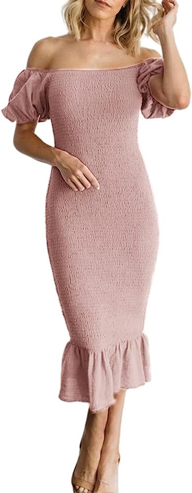 BerryGo Women's Smocked Bodycon Off Shoulder Puff Short Sleeve Mermaid Dress Ruffle Shirred Party... | Amazon (US)