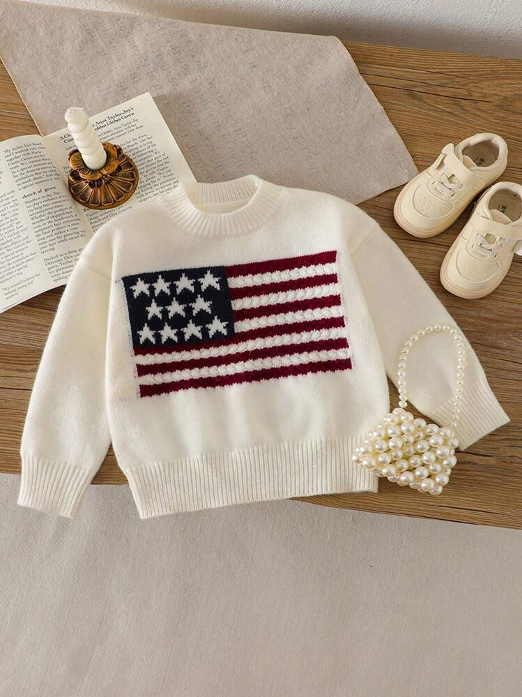 Newborn Baby Girls American Flag Design Knitted Sweater, Infant Girl Crew Neck Long Sleeve Stripe... | SHEIN