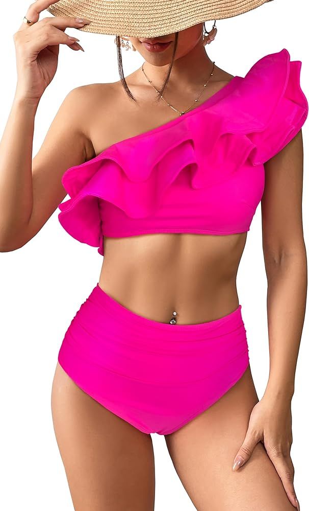 SPORLIKE Women High Waisted Swimsuit Flounce One Shoulder Bikini Padded Bathing Suit | Amazon (US)