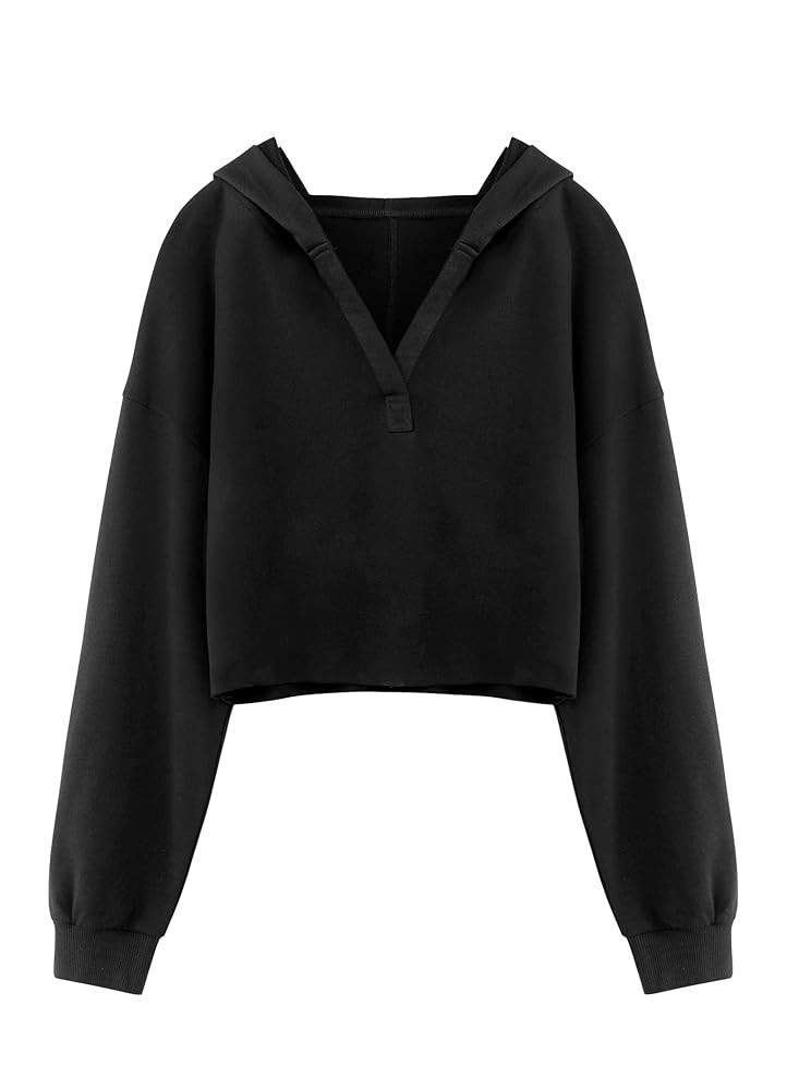 Amazon.com: Remidoo Women Oversized Hoodies Cropped Sweatshirt V Neck Plain Hoodie Pullover Black... | Amazon (US)