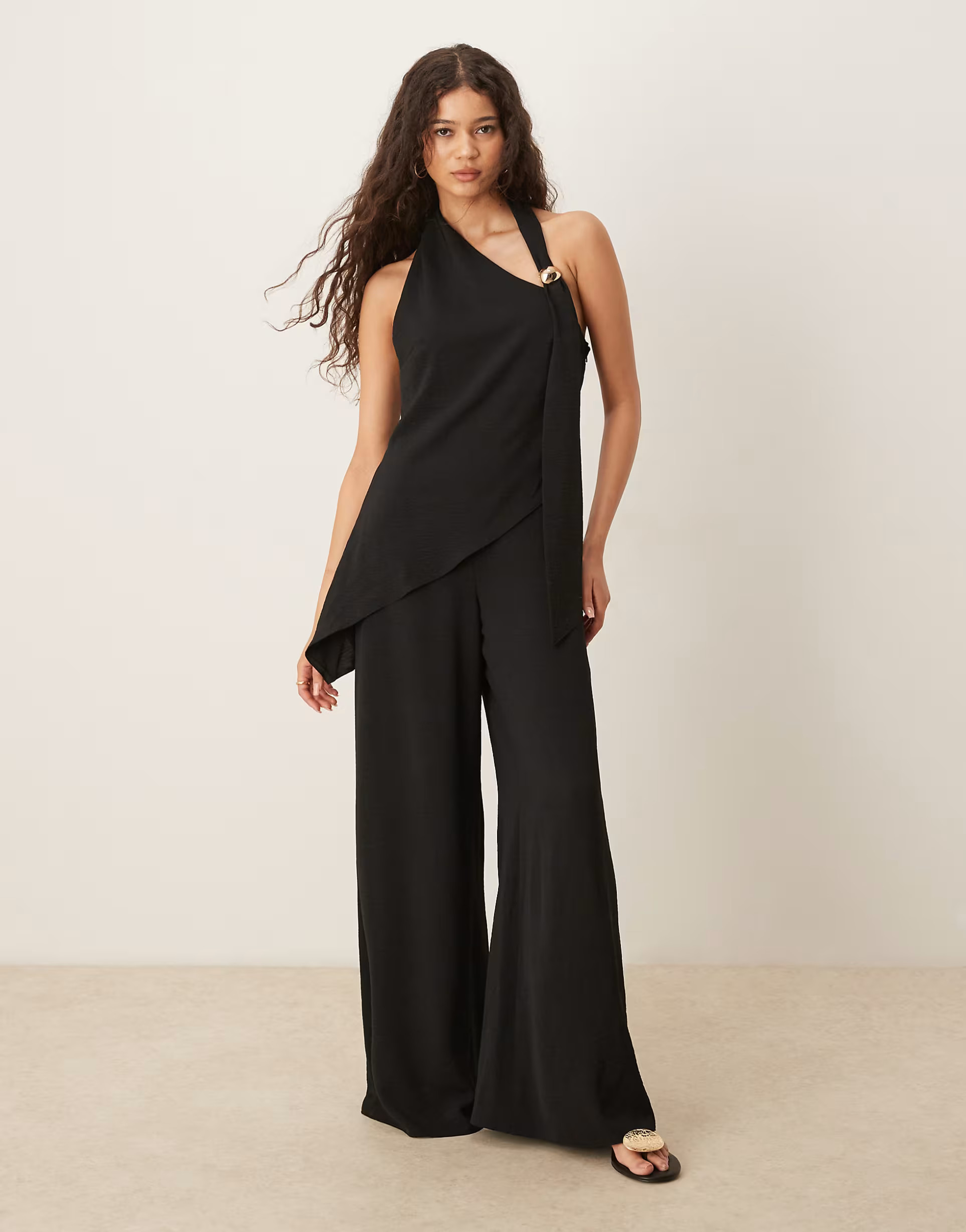 ASOS DESIGN trim detail halter overlay jumpsuit in black | ASOS (Global)