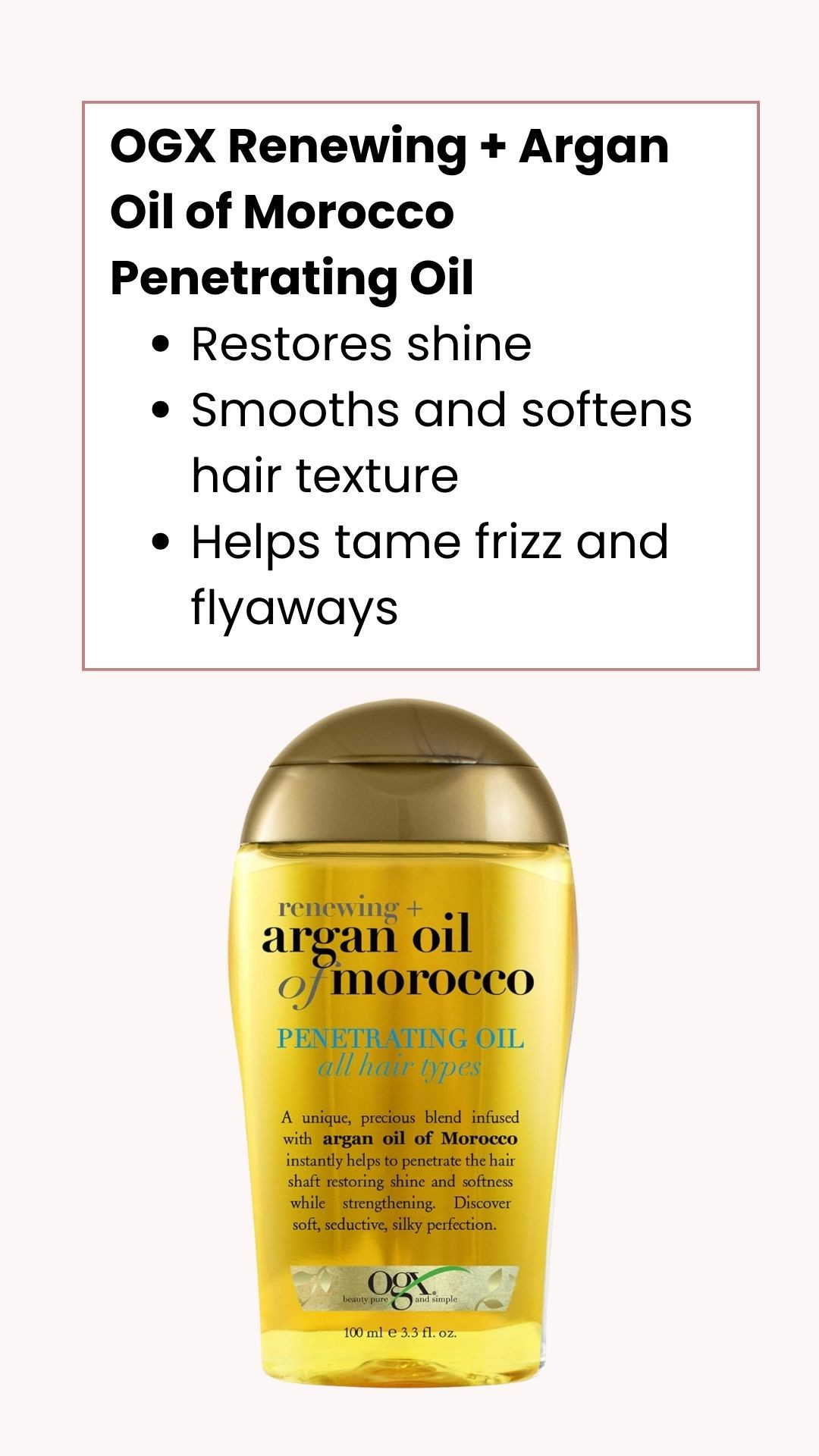 Looking for a hair oil that helps to restore shine, smooth, and soften hair texture, while helping to tame frizz and flyaways? Check out the OGX Renewing + Argan Oil of Morocco Penetrating Oil. You can find it at retailers like Amazon and Ulta. #hairproducts #LTKhair #haircare #relaxedhair 

 

#LTKBeauty