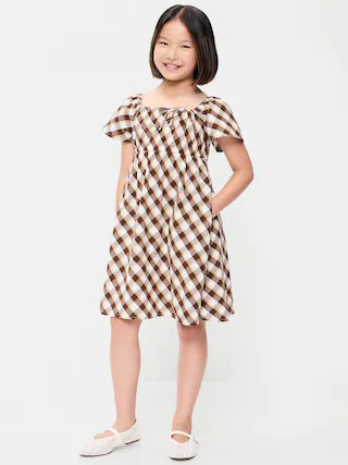 Short Flutter-Sleeve Crinkled Plaid Dress for Girls | Old Navy (US)