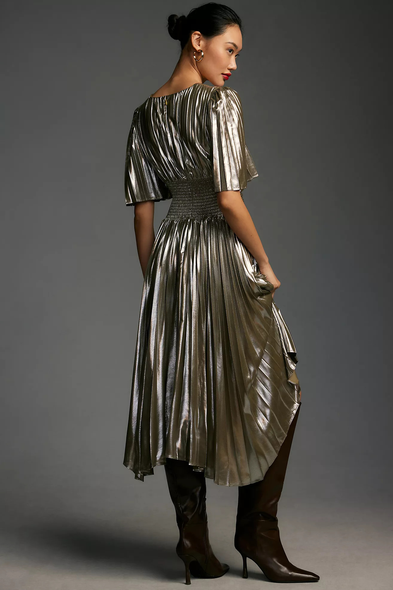 By Anthropologie Short-Sleeve Metallic Cutout Midi Dress | Anthropologie (US)