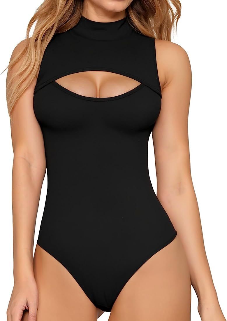 MANGOPOP Mock Neck Cutout Front Bodysuit Long Sleeve Short Sleeve Sleeveless Body suit for Women ... | Amazon (US)