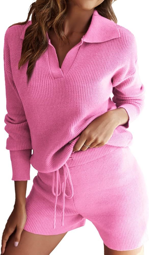 Ekouaer Women's 2 Piece Outfits Long Sleeve Knit Top and Short Pajama Sets Oversized Sweatsuit Sw... | Amazon (US)