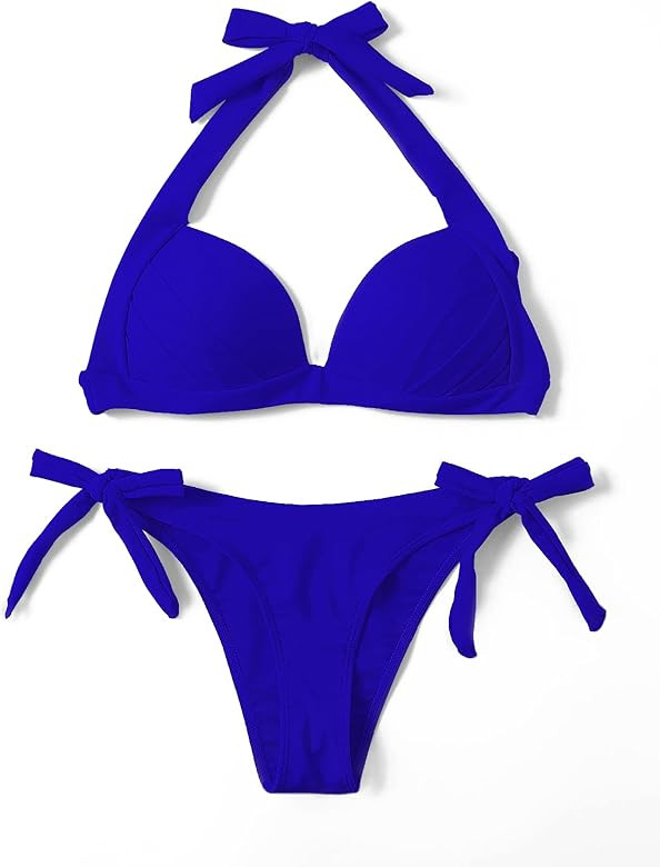 Romwe Women'2 Piece Halter Push up Bikini Set Tie Side Swimsuit Bathing Suit Beachwear | Amazon (US)