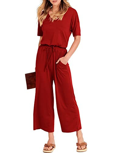 ANRABESS Women Summer Casual Short Sleeve V Neck Elastic Waist Wide Leg Cropped Pants Jumpsuits Rompers with Pockets Red XX-Large | Amazon (US)