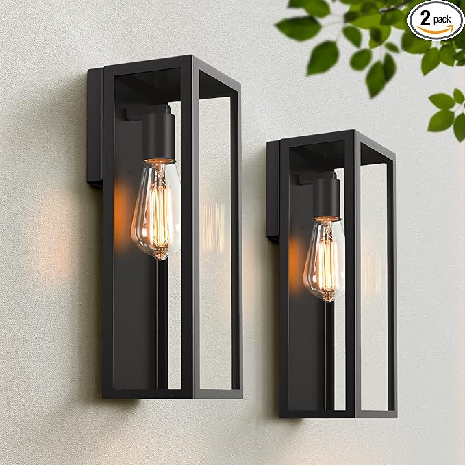 2-Pack Outdoor Wall Lanterns, Exterior Waterproof Wall Sconce with Glass Shades, Matte Black Porc... | Amazon (US)