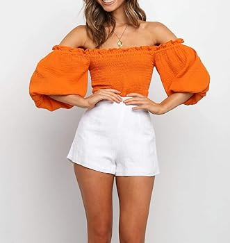 R.Vivimos Women's Summer Linen Short Sleeves Off The Shoulder Crop Tops Ruffle Slim Blouses | Amazon (US)