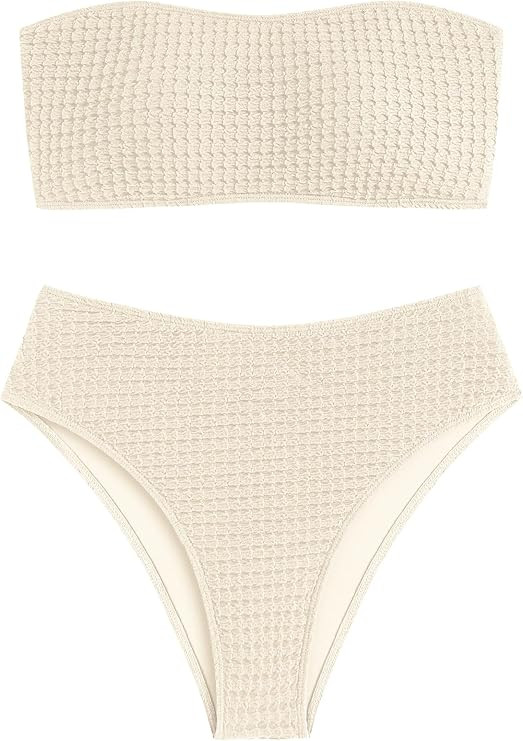 ZAFUL Women's High Cut Bandeau Bikini Set Strapless Solid Color 2 Pieces Bathing Suit Swimsuit | Amazon (US)