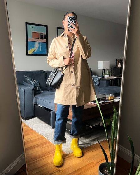Trench coat, mac coat, striped t-shirt, breton shirt, ugg boots, rainboots, mid rise jeans, dark wash jeans, 90s straight jeans, fall ootd, fall outfit ideas, what i wore today, realistic fall outfits

#LTKstyletip #LTKSeasonal