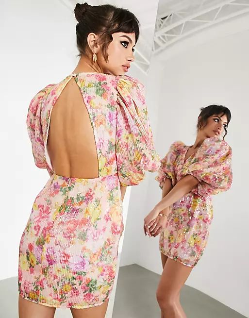 ASOS EDITION puff sleeve mini dress in printed sequin | ASOS (Global)