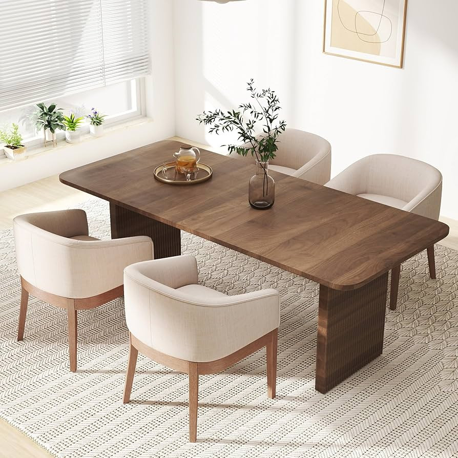 Beige Mid Century Modern Dining Chairs Set of 4, Farmhouse Linen Upholstered Accent Curved Backre... | Amazon (US)