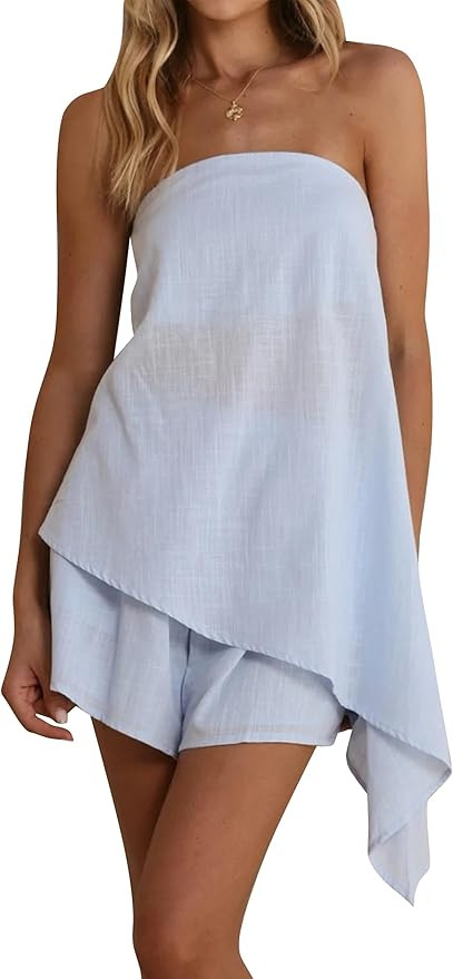 Anoumcy Women's Linen Strapless 2 Piece Short Set Asymmetrical Tube Top Sets Bandeau with Shorts ... | Amazon (US)