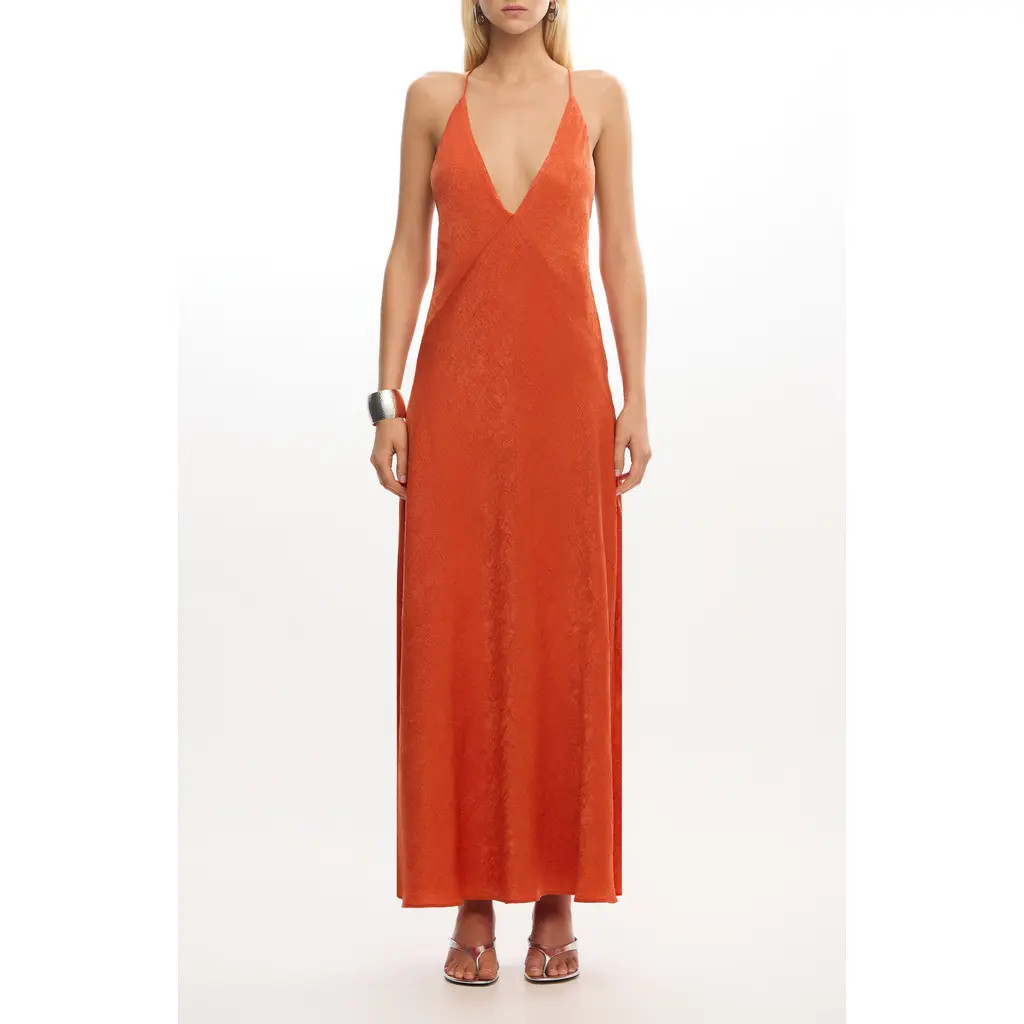 Significant Other Arielle Plunge Back Crushed Satin Maxi Slipdress in Rust at Nordstrom, Size 2 Us | Nordstrom