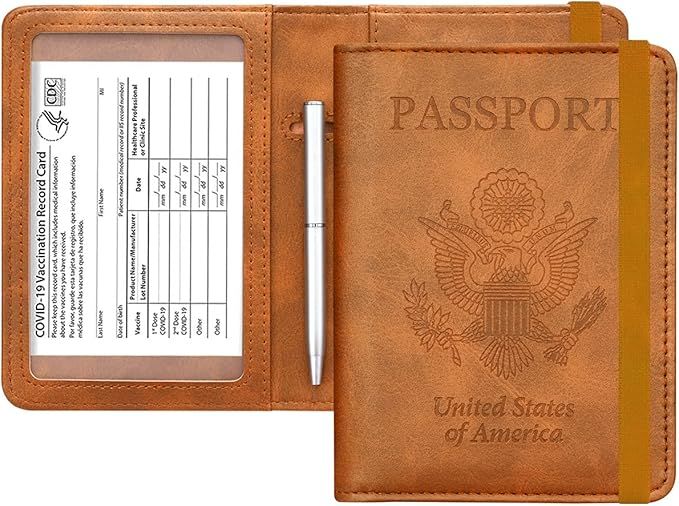 HOTCOOL Passport and Vaccine Card Holder Combo Leather RFID Blocking Wallet with Elastic Strap Tr... | Amazon (US)