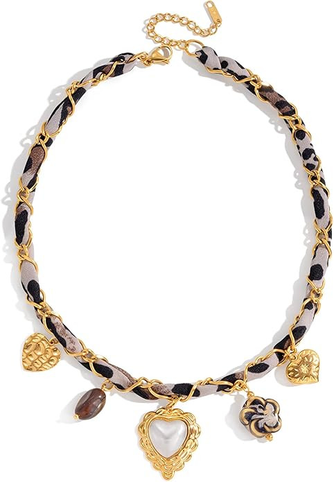 Scarf Necklace with Charm,Vintage Bandana Necklace for Women with Hammered Heart,Tiger Eye Stone,... | Amazon (US)