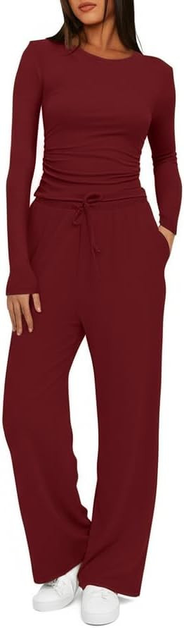 Arolina Two Matching Sets Airport Outfits for Women 2025 Travel Outfits Elasticity Crop Top & Eas... | Amazon (US)