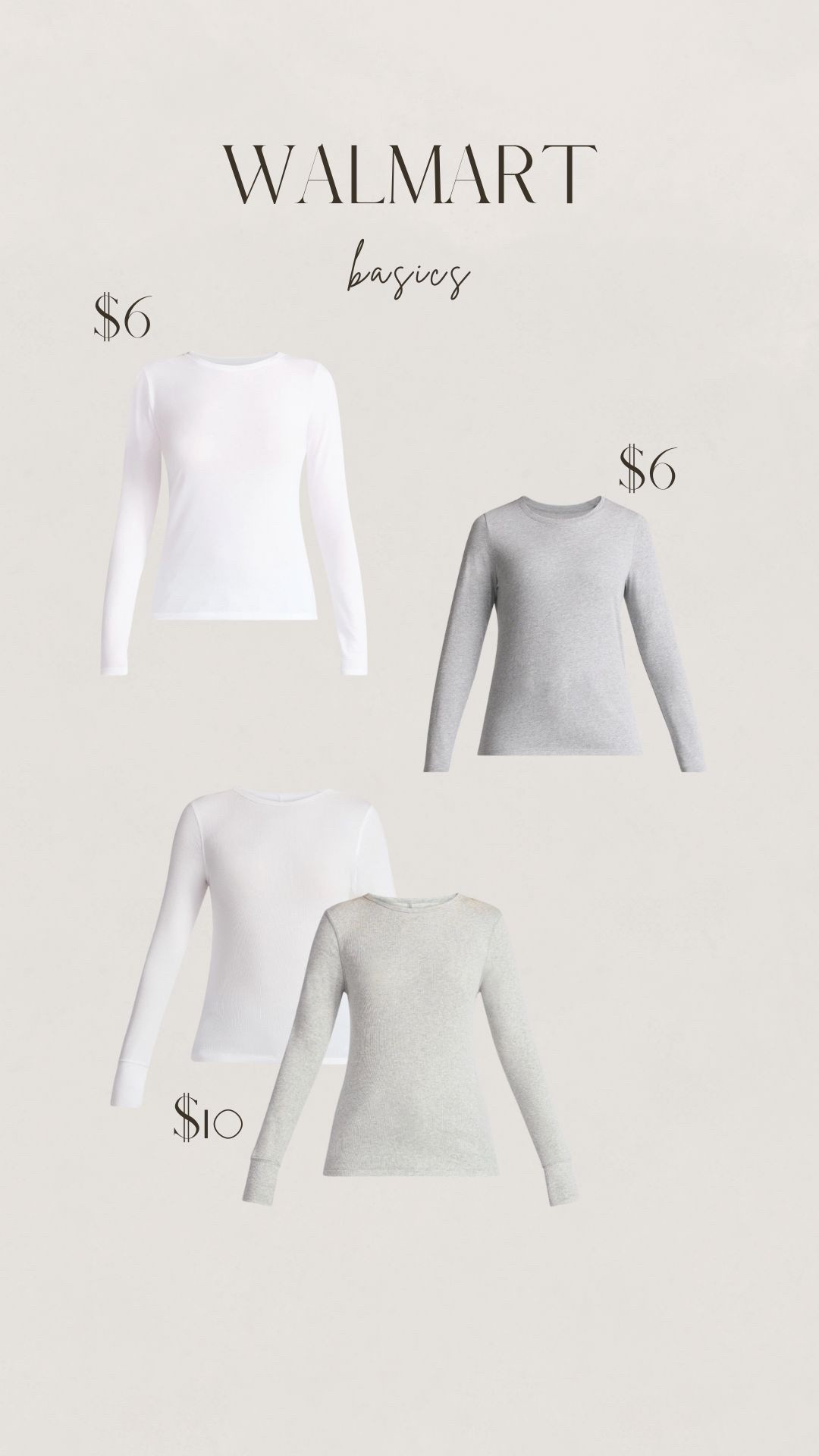 Walmart cotton and cotton blend basics for $10 or less. Great for layering or on their own. 