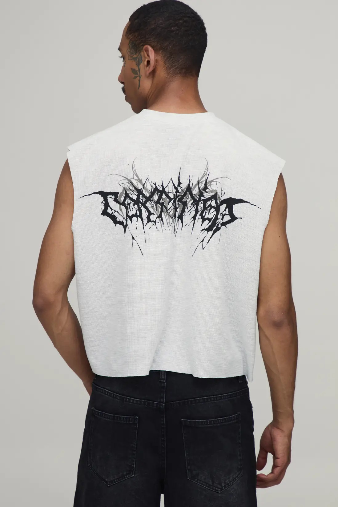 Grey Boxy Gothic Print Waffle Tank | BOOHOOMAN USA | boohooMAN (US & Canada)