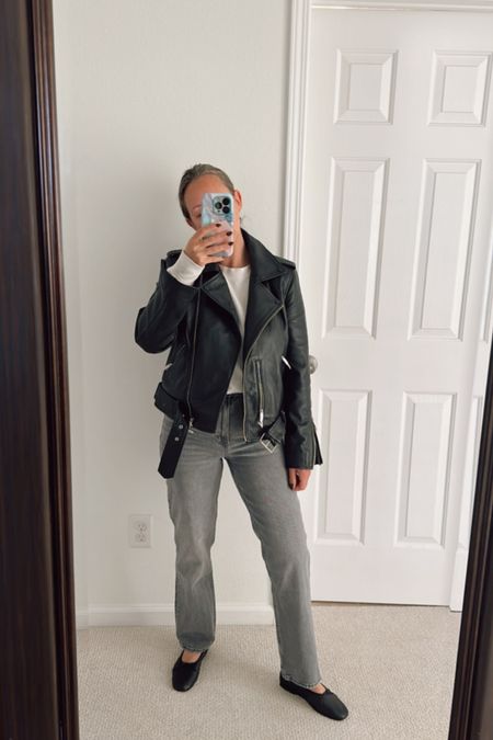 Quince leather jacket Abercrombie jeans ballet flats spring style 