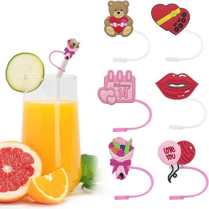 12pcs Valentine Day Reusable Food Grade Silicone Straw Sleeve Caps, Suitable for Valentine Day Pa... | Amazon (US)