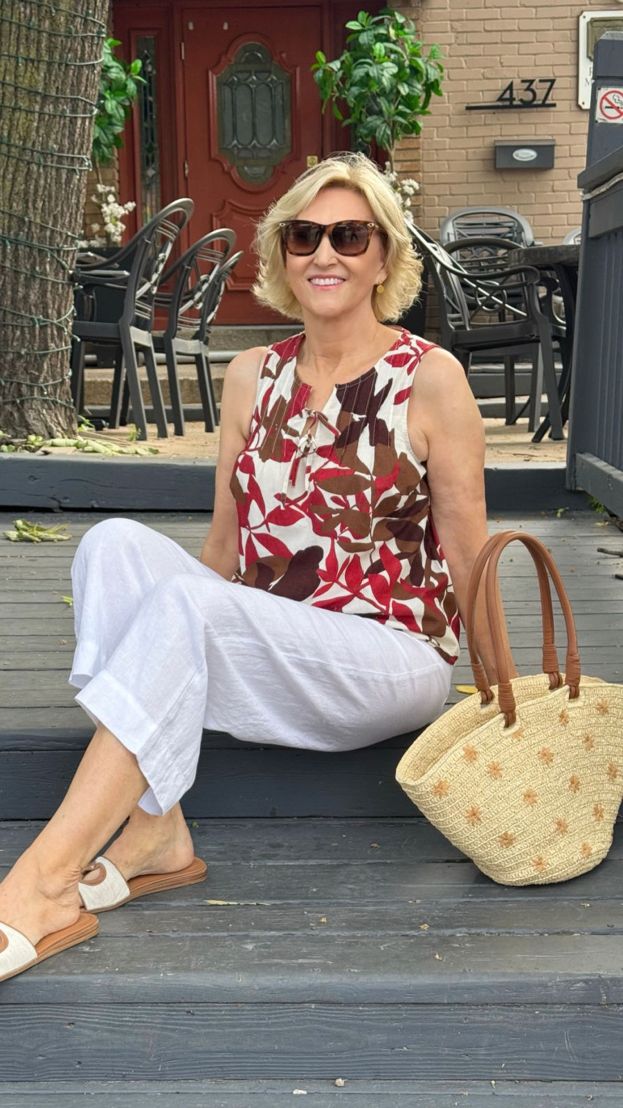 Easy, breezy and ready for wherever the day takes you 🤎🌿 I love the combination of a brown tropical print top with crisp white linen pants—it feels relaxed but still pulled together. Add a simple pair of slides and you’ve got one of those effortless summer outfits that always works. ☀️

#LTKSeasonal #LTKOver40 #LTKootd