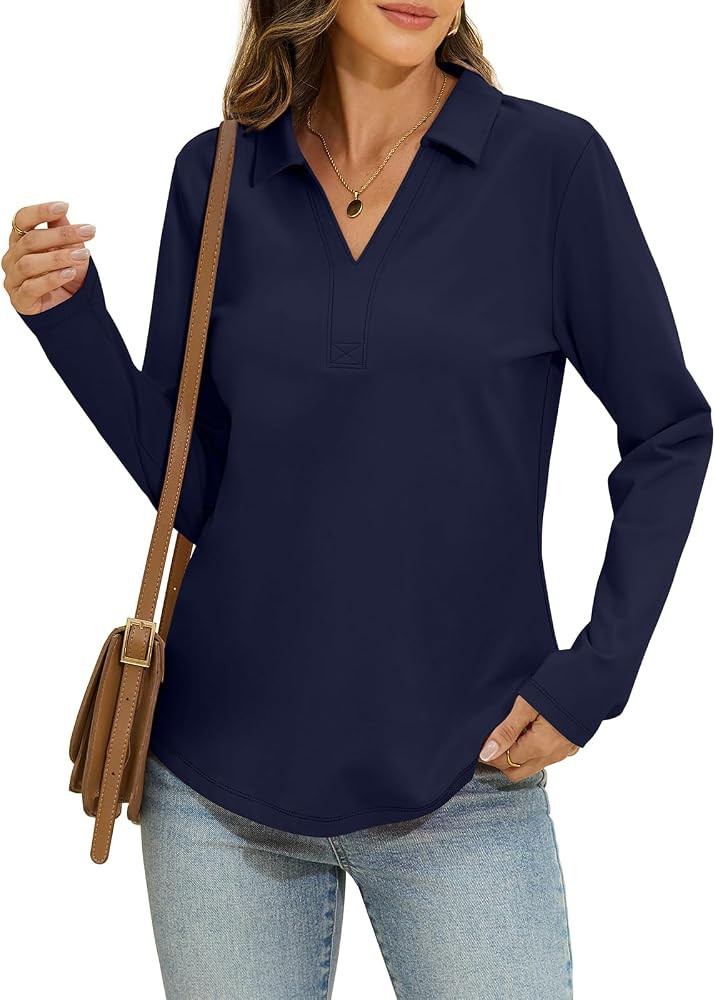 Womens Cotton Long Sleeve Polo Shirts Casual V Neck Collared Tops Loose Fit Work Blouses Spring O... | Amazon (US)