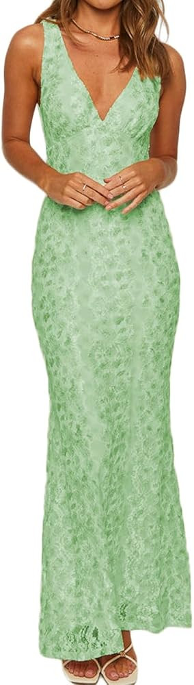 Elegant Lace Floral V Neck Backless Bodycon Dresses for Women Sexy Cut Out Low Back Sleeveless Ma... | Amazon (US)